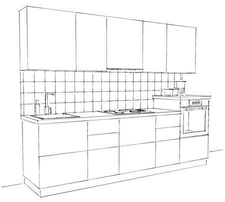 Modern corner kitchen interior sketch with tile splash back. Perspective view.の写真素材