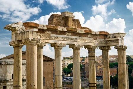 Columns of the temple of Saturn in the Roman Forum in Rome, Italyの写真素材