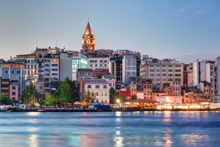 View of Galata district at night, Istanbul, Turkeyの写真素材
