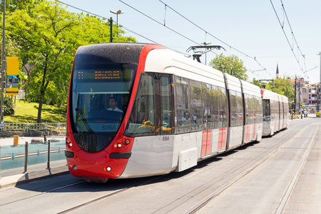 A modern tram on may 26, 2013 in Istanbul, Turkey  Istanbul is a modern city with a developed infrastructure のeditorial素材