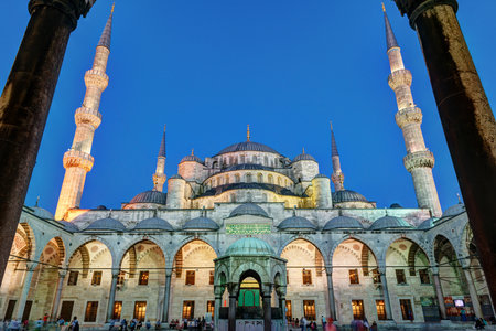 Facade Blue Mosque at night in Istanbul, Turkeyのeditorial素材