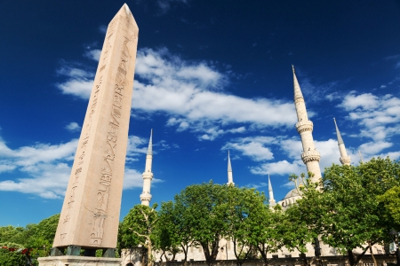 The Obelisk of Theodosius and minarets of the Blue Mosque in Istanbul, Turkey  This is the Ancient Egyptian obelisk of Pharaoh Tutmoses III re-erected by the Roman emperor Theodosius I in the 4th cent の写真素材
