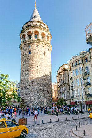 Tourists visiting the Galata Tower on may 26, 2013 in Istanbul, Turkey  The Galata Tower is the greatest monument of Middle Ages のeditorial素材