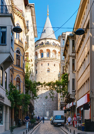 View of the Galata Tower on may 26, 2013 in Istanbul, Turkey  The Galata Tower is the greatest monument of Middle Ages のeditorial素材