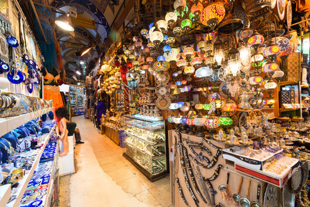 A variety of turkish items offered for sale at the Grand Bazaar in Istanbul, Turkey  The Grand Bazaar is the oldest and the largest covered market in the world, with 61 covered streets and over 3,000 shops のeditorial素材
