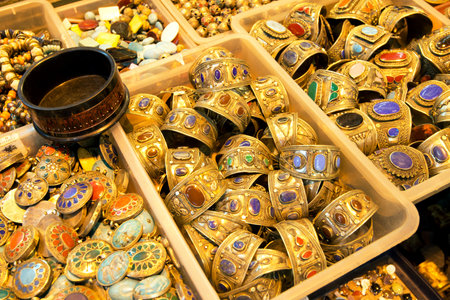Oriental jewelry sold in the Grand Bazaar on may 27, 2013 in Istanbul, Turkey  The Grand Bazaar is the oldest and the largest covered market in the world, with 61 covered streets のeditorial素材