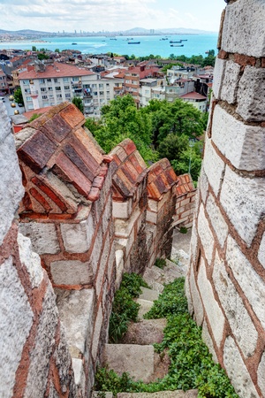 Stone staircase leading to the top of the tower of the Yedikule Fortress in Istanbul, Turkey  Yedikule fortress, or Castle of Seven Towers, is the famous fortress built by Sultan Mehmed II in 1458 の写真素材