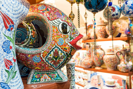 Turkish ceramics in the Grand Bazaar on may 27, 2013 in Istanbul, Turkey  The Grand Bazaar is the oldest and the largest covered market in the world, with 61 covered streets and over 3,000 shops のeditorial素材