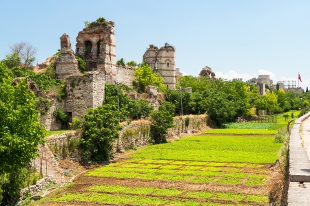 The ruins of famous ancient walls of Constantinople in Istanbul, Turkeyの写真素材