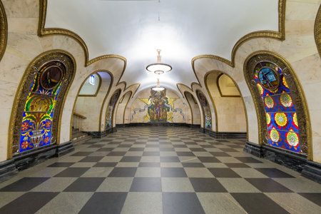 The metro station Novoslobodskaya at night on May 4, 2013 in Moscow, Russia  Metro station Novoslobodskaya is a beautiful monument of the Soviet era のeditorial素材