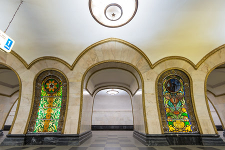 The metro station Novoslobodskaya at night on May 4, 2013 in Moscow, Russia  Metro station Novoslobodskaya is a beautiful monument of the Soviet era のeditorial素材