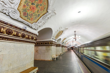 Train at the metro station Kievskaya on May 4, 2013 in Moscow, Russia  Metro station Kievskaya is a beautiful monument of the Soviet era のeditorial素材