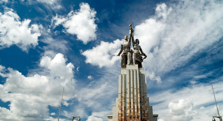 Famous soviet monument Worker and Kolkhoz Woman  Worker and Collective Farmer  of sculptor Vera Mukhina on july 22, 2012 in Moscow, Russia  The monument is made of stainless steel for the 1937 Worldのeditorial素材