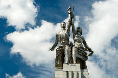 Famous soviet monument Worker and Kolkhoz Woman  Worker and Collective Farmer  of sculptor Vera Mukhina on july 22, 2012 in Moscow, Russia  The monument is made of stainless steel for the 1937 Worldのeditorial素材