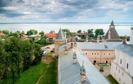 View of Rostov Kremlin and Nero Lake. The ancient town of Rostov the Great is a tourist center of the Golden Ring of Russiaの写真素材