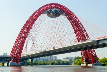 A modern cable-stayed bridge  Zhivopisny bridge  on august 11, 2013 in Moscow  It is the highest cable-stayed bridge in Europe の写真素材