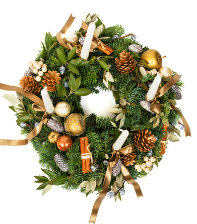 Christmas decoration wreath isolated on white backgroundの写真素材