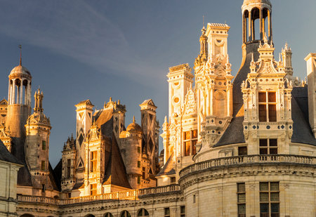 The royal Chateau de Chambord at sunset, France  This castle is located in the Loire Valley, was built in the 16th century and is one of the most recognizable chateaux in the world のeditorial素材