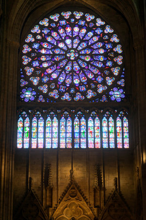 Rose stained glass window of Notre Dame Cathedral on september 25, 2013 in Paris  Notre Dame Cathedral was built in the 3rd century and is one of the main attractions of Paris のeditorial素材