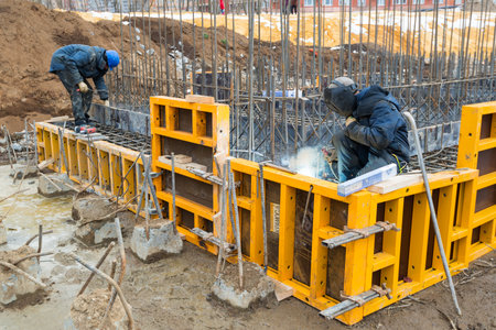 Construction site welders on april 3, 2014 in Moscow, Russia  Urban construction is at a faster pace...