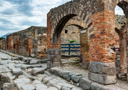 Street in Pompeii, Italy. Pompeii is an ancient Roman city died from the eruption of Mount Vesuvius in 79 AD.のeditorial素材