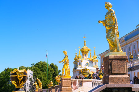 ST PETERSBURG, RUSSIA - JUNE 15, 2014: Peterhof Palace (Petrodvorets)  with Grand Cascade. The Peterhof Palace included in the UNESCOのeditorial素材