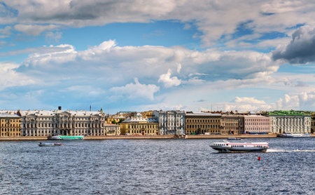 View of the St. Petersburg and the Neva River, Russia. St. Petersburg was the capital of Russia and attracts many tourists.のeditorial素材