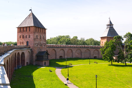 NOVGOROD THE GREAT, RUSSIA - JUNE 12, 2014: Tourists visit the Kremlin. UNESCO recognised Novgorod as a World Heritage Site in 1992.のeditorial素材