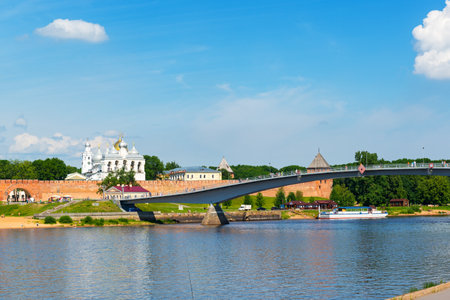 NOVGOROD THE GREAT, RUSSIA - JUNE 12, 2014: Panorama: Volkhov river and the ancient Kremlin. UNESCO recognised Novgorod as a World Heritage Site in 1992.のeditorial素材