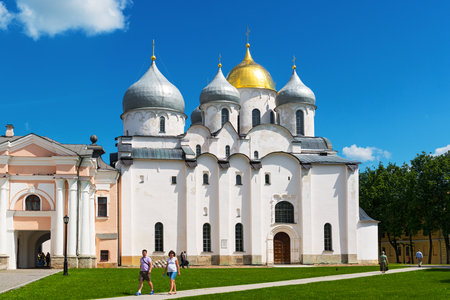 NOVGOROD THE GREAT, RUSSIA - JUNE 12, 2014: The Cathedral of St. Sophia (the Holy Wisdom of God) in Kremlin. UNESCO recognised Novgorod as a World Heritage Site in 1992.のeditorial素材