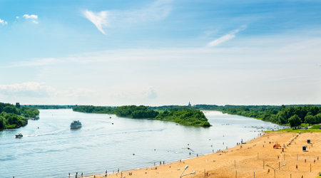 NOVGOROD THE GREAT, RUSSIA - JUNE 12, 2014: Panorama of the Volkhov river. UNESCO recognised Novgorod as a World Heritage Site in 1992.のeditorial素材