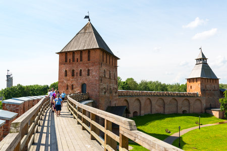 NOVGOROD THE GREAT, RUSSIA - JUNE 12, 2014: Tourists walk on the walls of the Kremlin. UNESCO recognised Novgorod as a World Heritage Site in 1992.のeditorial素材