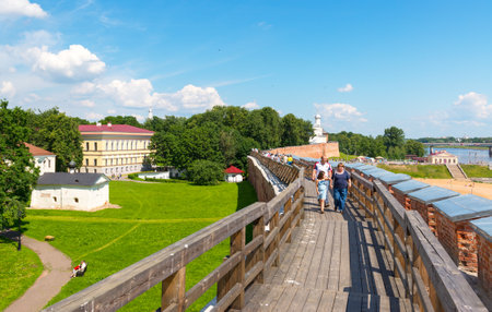 NOVGOROD THE GREAT, RUSSIA - JUNE 12, 2014: Tourists walk on the walls of the Kremlin. のeditorial素材