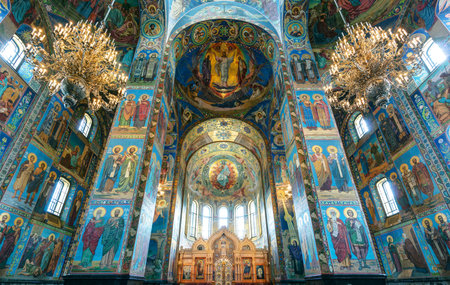 Interior of Church of the Savior on Spilled Blood (Cathedral of the Resurrection of Christ) in St. Petersburg, Russia. It is an architectural landmark of city, and a unique monument to Alexander II the Liberator.のeditorial素材