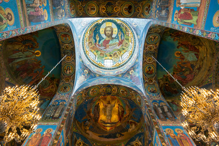 Interior of Church of the Savior on Spilled Blood (Cathedral of the Resurrection of Christ) in St. Petersburg, Russia. It is an architectural landmark of city, and a unique monument to Alexander II the Liberator.のeditorial素材