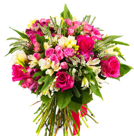 Colorful bouquet of roses and alstroemerias isolated on white backgroundの写真素材