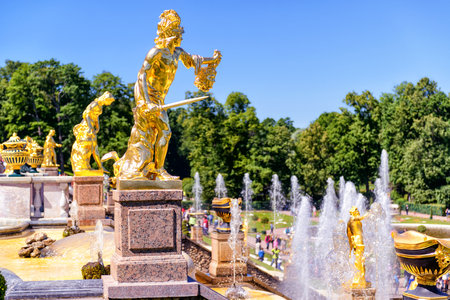 ST PETERSBURG, RUSSIA - JUNE 15, 2014: Peterhof Palace (Petrodvorets) with Grand Cascade. The Peterhof Palace included in the UNESCO's World Heritage List.のeditorial素材