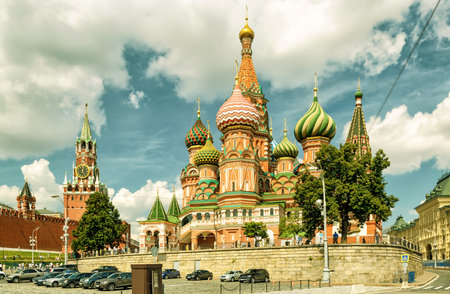 St. Basil`s Cathedral with Kremlin, Moscow, Russiaのeditorial素材