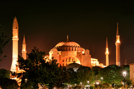 View of the Hagia Sophia at night in Istanbul, Turkeyの写真素材