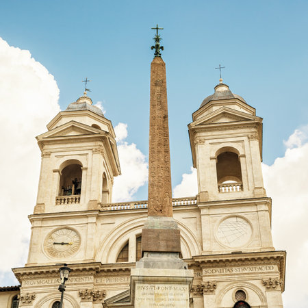 Santissima Trinita dei Monti church and ancient obelisk at the top of the Spanish steps in Rome, Italyのeditorial素材