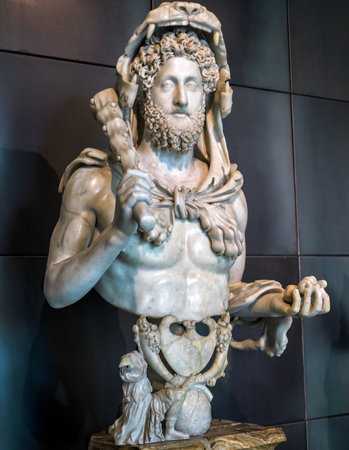 ROME, ITALY - OCTOBER 3, 2012: Antique statue in the Capitoline Museum: the emperor Commodus as Hercules. Open to the public in 1734, the Capitoline Museums are considered the first museum in the world.のeditorial素材