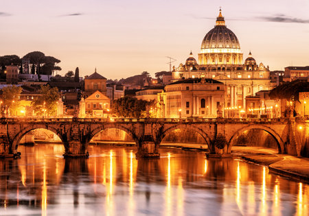 Night view Sant'Angelo and San Pietro (St. Peter's cathedral) in Rome, Italyのeditorial素材