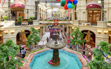 MOSCOW - JULY 10, 2015: Inside the GUM (main department store). GUM is located on the Red Square and is one of the oldest supermarkets in Moscow.のeditorial素材