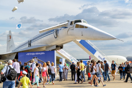 MOSCOW REGION - AUGUST 28, 2015: The Tupolev Tu-144 soviet supersonic airliner at the International Aviation and Space Salon (MAKS).のeditorial素材