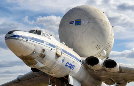 MOSCOW REGION - AUGUST 28, 2015: The Soviet strategic-airlift airplane Myasishchev VM-T Atlant at the International Aviation and Space Salon (MAKS) in Zhukovsky. The VM-T was modified to carry the Soviet space shuttles.のeditorial素材
