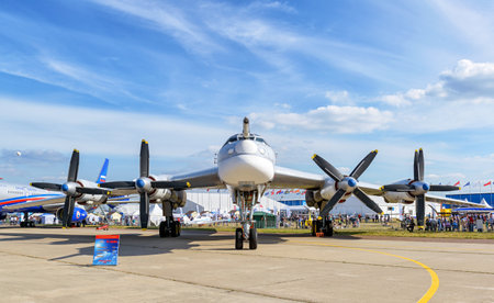 MOSCOW REGION - AUGUST 28, 2015: Russian strategic bomber Tupolev Tu-95MS "Bear" at the International Aviation and Space Salon (MAKS).のeditorial素材