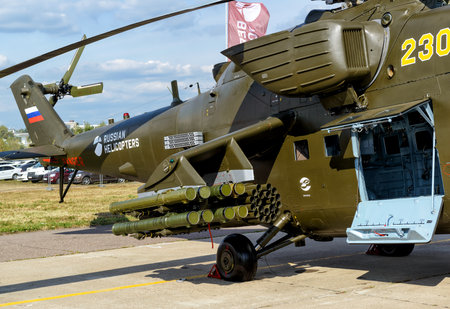 MOSCOW REGION - AUGUST 28, 2015: The armament of the Russian military helicopter Mi-24 at the International Aviation and Space Salon (MAKS) in Zhukovsky.のeditorial素材