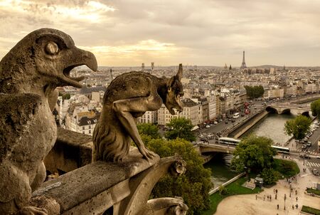 Chimera gargoyle on the Cathedral of Notre Dame de Paris overlooking Paris, Franceの写真素材