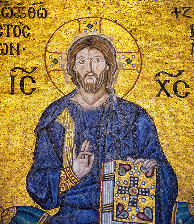 ISTANBUL - MAY 25, 2013: Ancient mosaic of Christ in Hagia Sophia. Church of Hagia Sophia is the greatest monument of Byzantine Culture. It was built in the 6th century.のeditorial素材