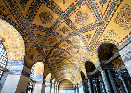 ISTANBUL - MAY 25, 2013: The ceiling inside Hagia Sophia. Church of Hagia Sophia (Ayasofya) is the greatest monument of Byzantine Culture. It was built in the 6th century.のeditorial素材